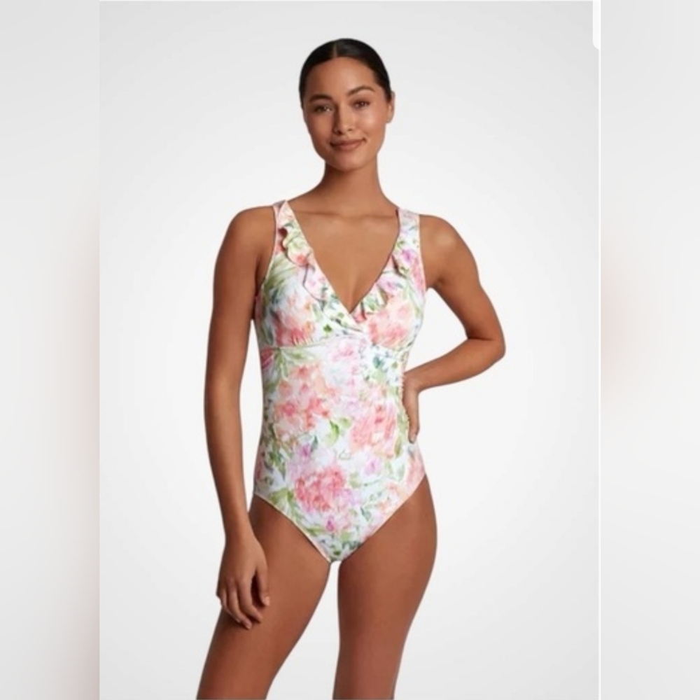 NWT Lauren Ralph Lauren Ruffled Floral Print One-piece Swimsuit Size 10